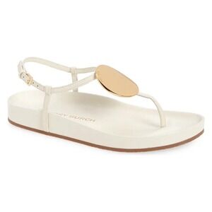 Tory Burch Patos Disk Sandal Women 6.5 White Leather Gold Logo Thong Ankle Strap
